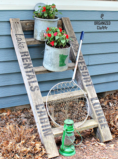 Weathered Ladder Cabin Themed Junk Garden Vignette #stencil #oldsignstencils #cabin #upnorth #vintage #fishing