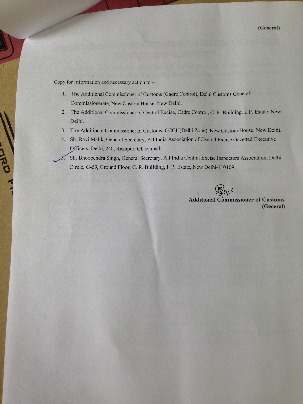 ALL INDIA CENTRAL EXCISE INSPECTORS' ASSOCIATION, DELHI CIRCLE