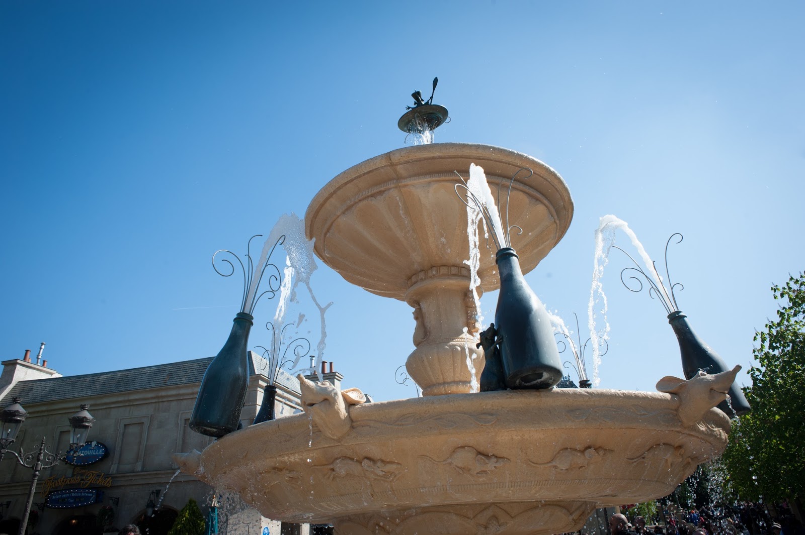 Fountain where the water spews from champagne bottles at Disneyland Paris in Marne-la-Vallée Outside Paris