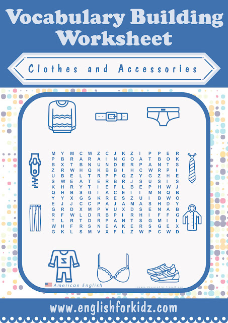 Clothes and accessories ESL printable word search worksheet