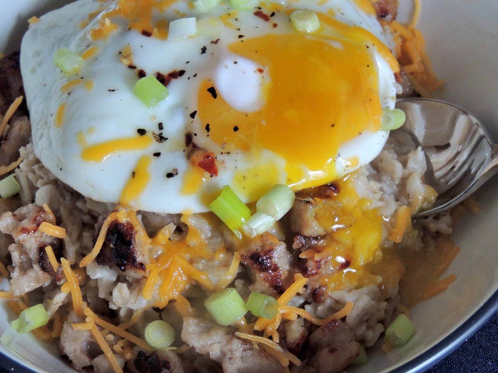 Gas Stove Girl Savory Oatmeal with Crispy Apple Sausage and Drippy Egg