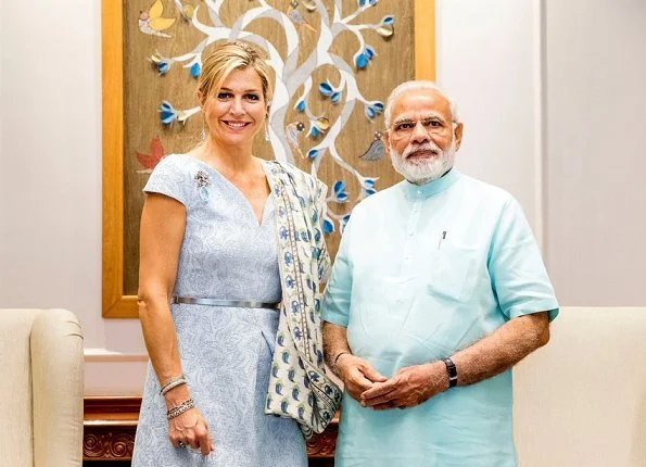 Queen Maxima met with Prime Minister Narendra Modi and interim Finance Minister Piyush Goyal. Queen Maxima wore recycled Natan dress