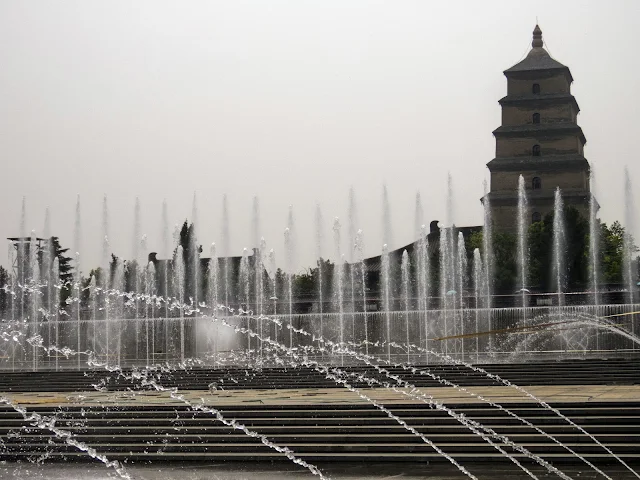 Fountain outside the Giant Wild Goose Pagoda in Xi'an China