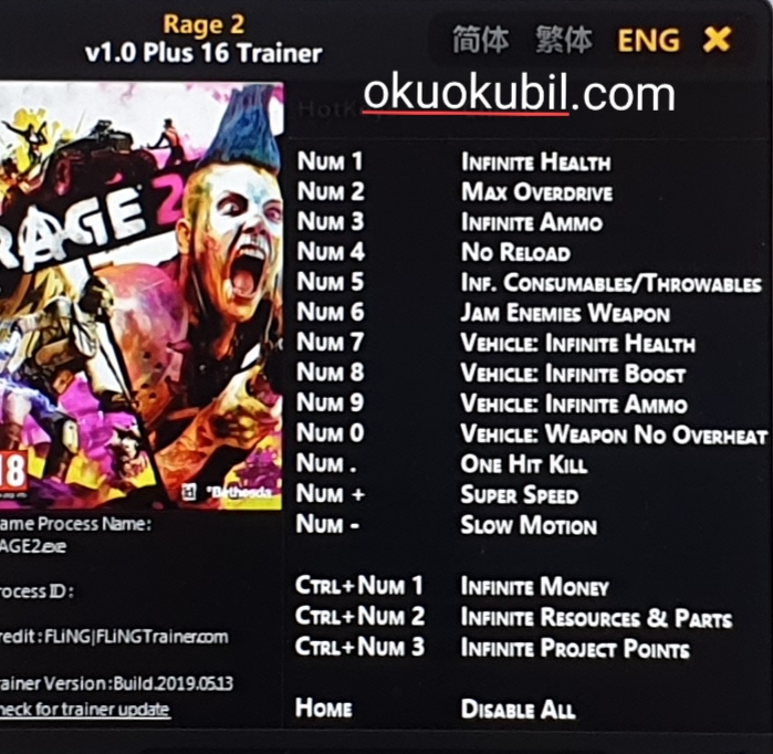 RAGE 2 (PC) Oyunu Infınıte Ammo Infınıte Money +16 Özellik Trainer Hilesi İndir Mayıs 2019