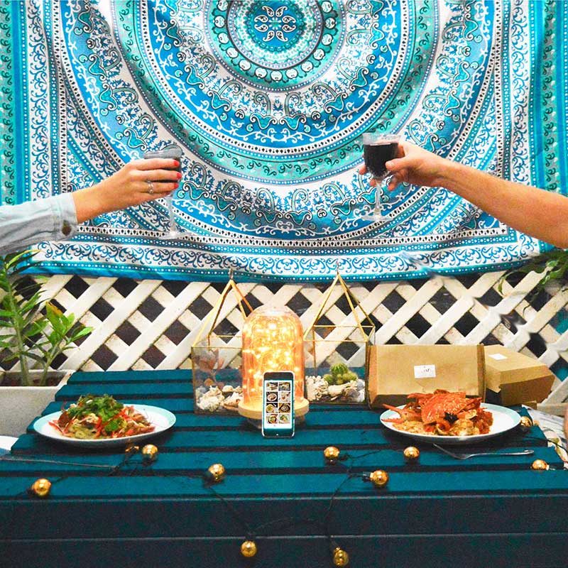 date night with ubereats seafood on diy wooden crate table with fairy lights and boho decor date night with ubereats seafood on diy wooden crate table with fairy lights and boho decor