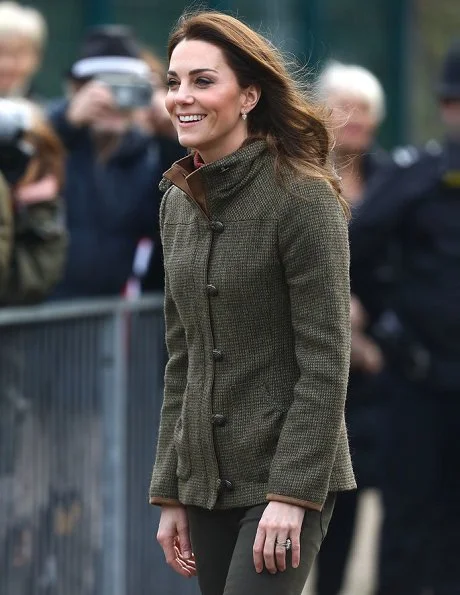 Kate Middleton wore Dubarry jacket, See By Chloe ankle boots, KIKI McDonough Lauren gold diamond pave leaf earrings