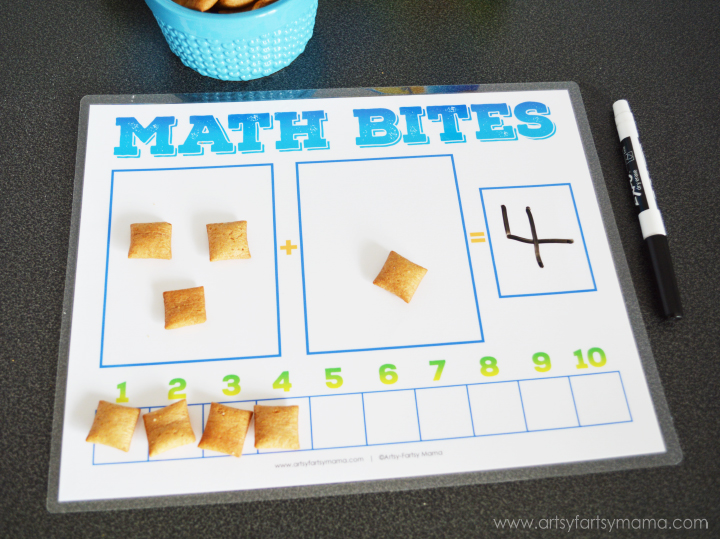 Teach Your Child Addition at Snack Time with Free Printable Math Bites Worksheet at artsyfartsymama.com
