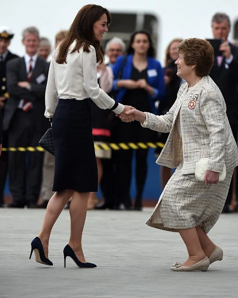 Kate Middleton visited the headquarters of 1851 Trust in Portsmouth. Kate Middleton wore Alexander McQueen dress, Kiki earrings, Rupert Sanderson pumps, shoes