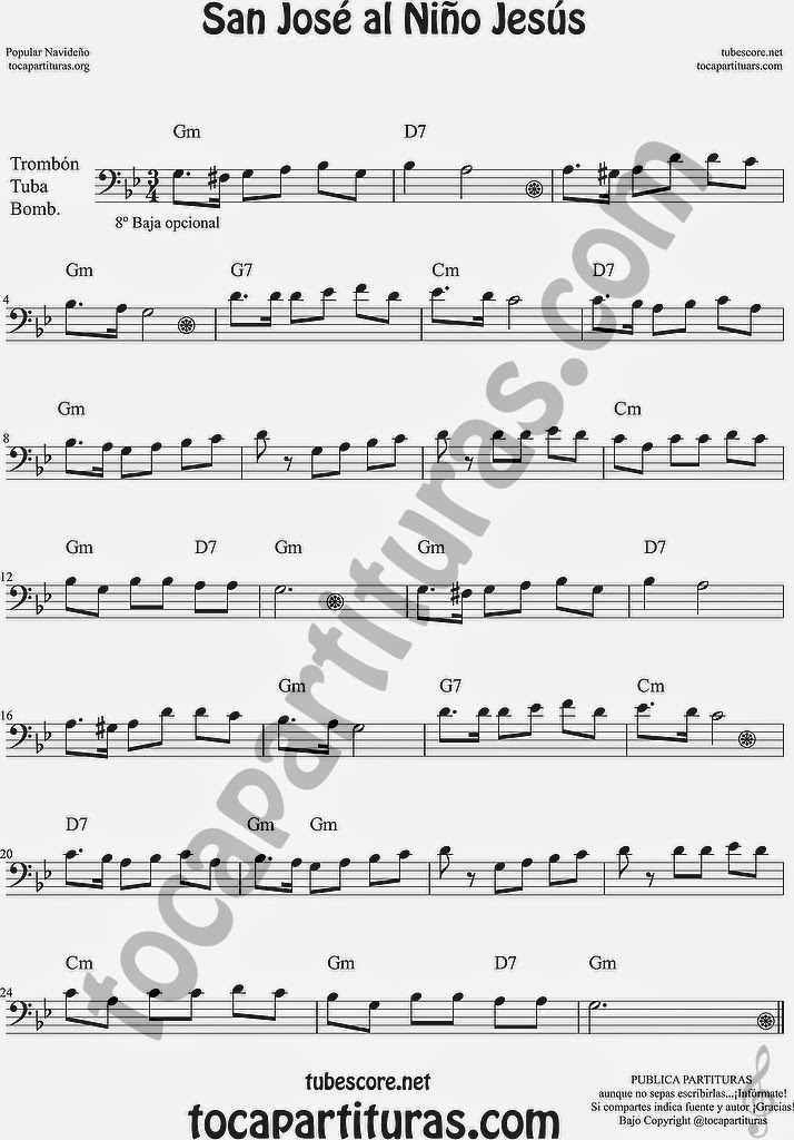  San José al Niño Jesús Partitura de Trombón, Tuba Elicón y Bombardino Sheet Music for Trombone, Tube, Euphonium Music Scores Carol Christmas Song Villancico