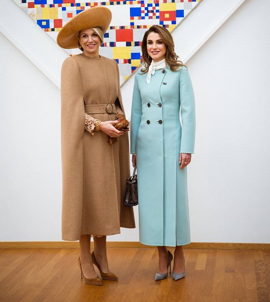 Queen Maxima wore Claes Iversen Serval Elegant Lace Midi Dress Tobacco Brown and Claes Iversen cape coat, Queen Raina wore Claes Iversen coat and Chloe blouse