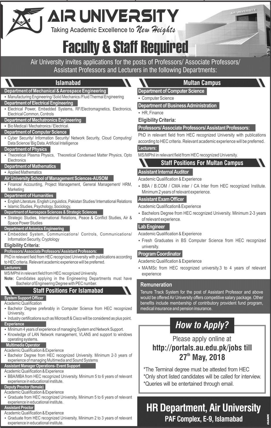 Jobs in Air University Islamabad May 2018 Apply Online 