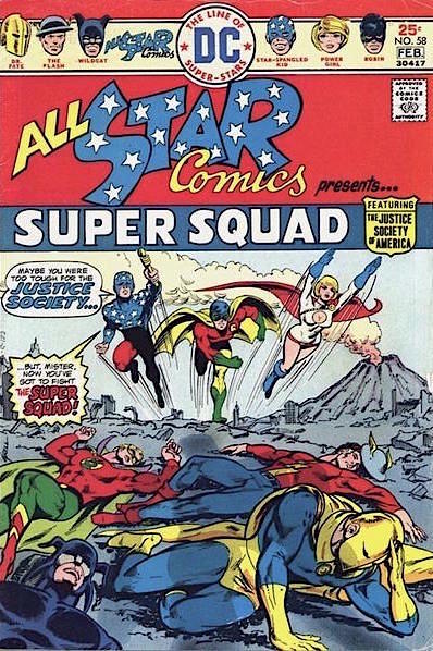 Star-Spangled Kid, Robin, and Power Girl running or flying over the bodies of Flash, Green Lantern, Wildcat, and Doctor Fate