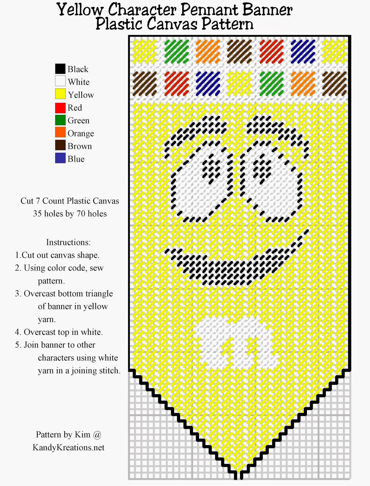 Make your own pennant banner with the yellow M&M character using this Plastic canvas pattern freebie.  Simply right click and save this pattern to create your own party decoration or kitchen decor.
