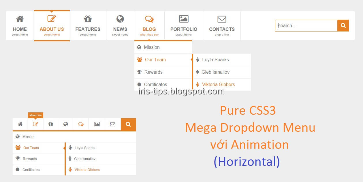 Pure CSS3 Mega Dropdown Menu với Animation (Horizontal)
