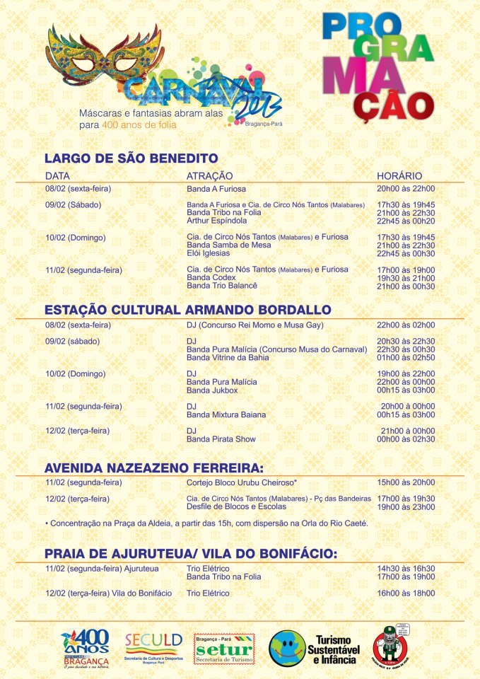 PROGRAMAÇÃO OFICIAL DO CARNAVAL 2013 DE BRAGANÇA-PA