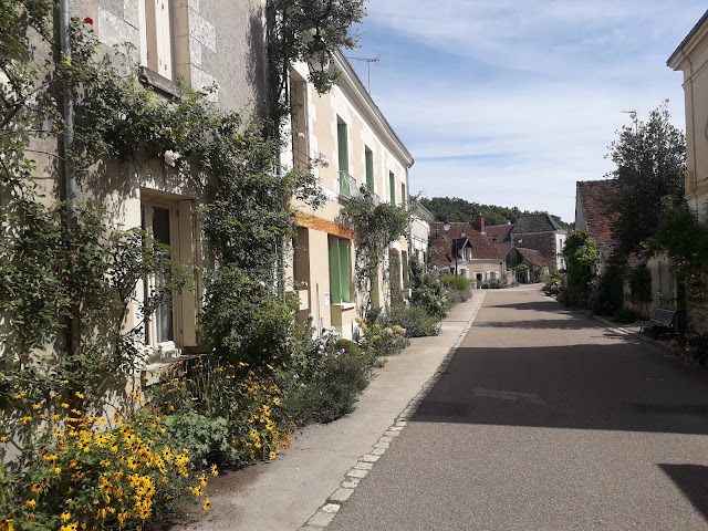 The main street of the village of Chedigny in August showing yellow flowers.