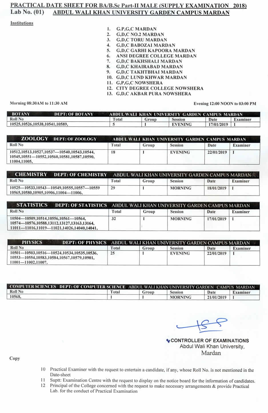 Abdul Wali Khan University Mardan Practical Date Sheets For BA/B.Sc