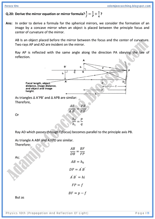 Adamjee Coaching Propagation and Reflection of Light Question