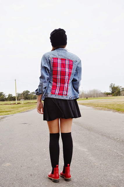 outfit, glam rock, grunge, fashion blogger argentina, knee highs, diy, denim jacket