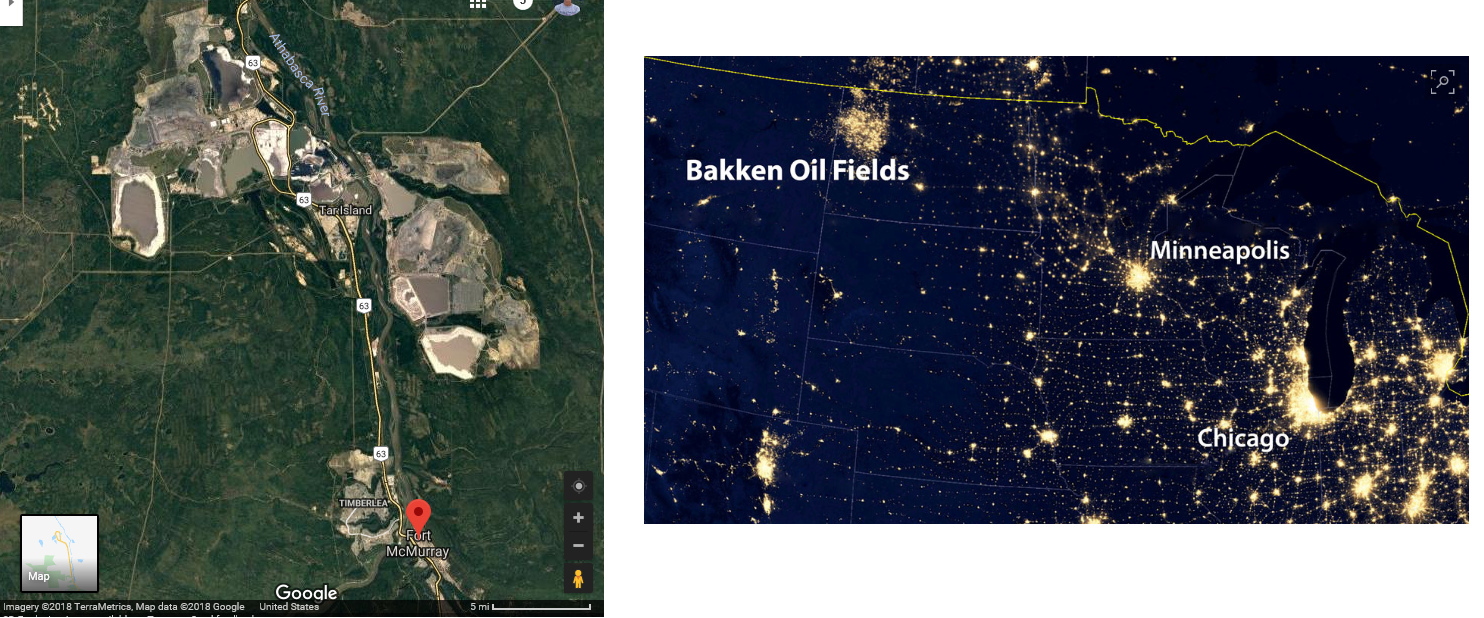 at left the athabasca oil sands as captured by satellite imagery on google maps retrieved 9 9 2018 at right the upper midwest at night at left the athabasca oil sands as captured by satellite imagery on google maps retrieved 9 9 2018 at right the upper midwest at night