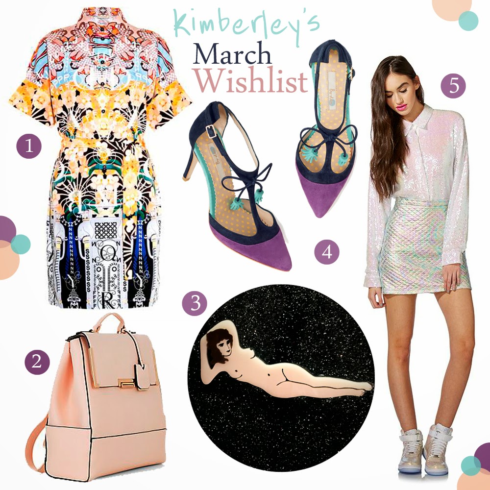 Kimberley's March Wishlist Wishlist, Currently coveting, spring style, Scottish Bloggers, Mary Katranzou dress, New Look back pack, Baccurelli brooch, Boden heels, Jaded London skirt