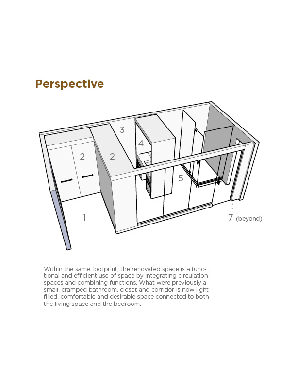 This diagram depicts the design of the renovated bathroom in Ernesto's apartment renovation.