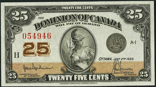Dominion of Canada 25 Cents Banknote 1923 Britannia holding the Trident of Neptune