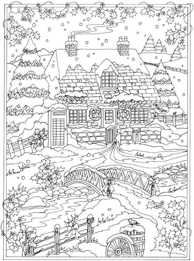 Snowy house in winter time coloring page