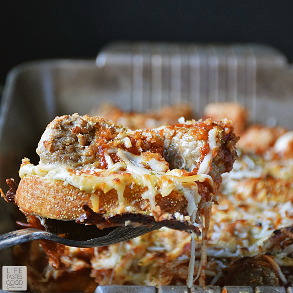 Easy to make, saucy, and cheesy, this Meatball Sub Casserole | by Life Tastes Good is a family favorite dinner that's on the table in just 30 minutes! #LTGrecipes