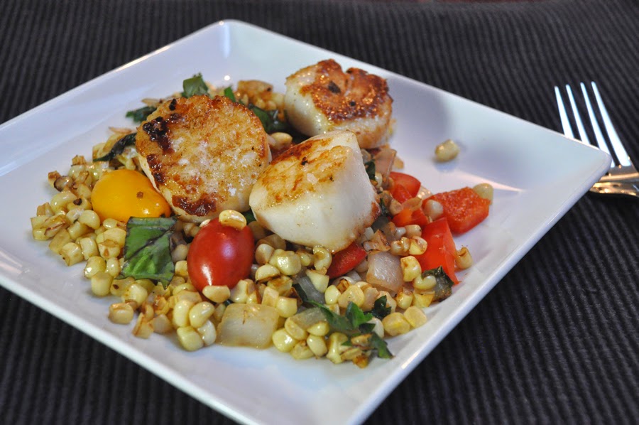 Stealth Cooking Scallops with Roasted Corn and Tomatoes