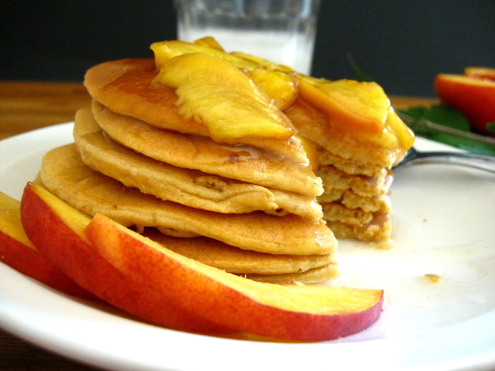 Balancing the Table Whole Wheat Blender Pancakes with Fresh Peach Syrup