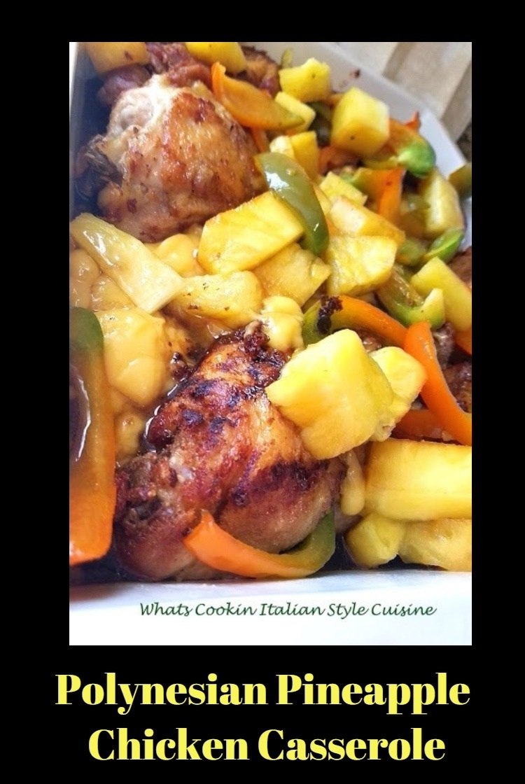 Tropical chicken with pineapple and peppers all baked in a casserole dish with a sweet Asian Polynesian style sauce. Fresh pineapple glazes the chicken with a sweet brown sugar . The peppers, soy sauce and rice wine vinegar give it a nice tangy flavor in this casserole chicken thigh dish