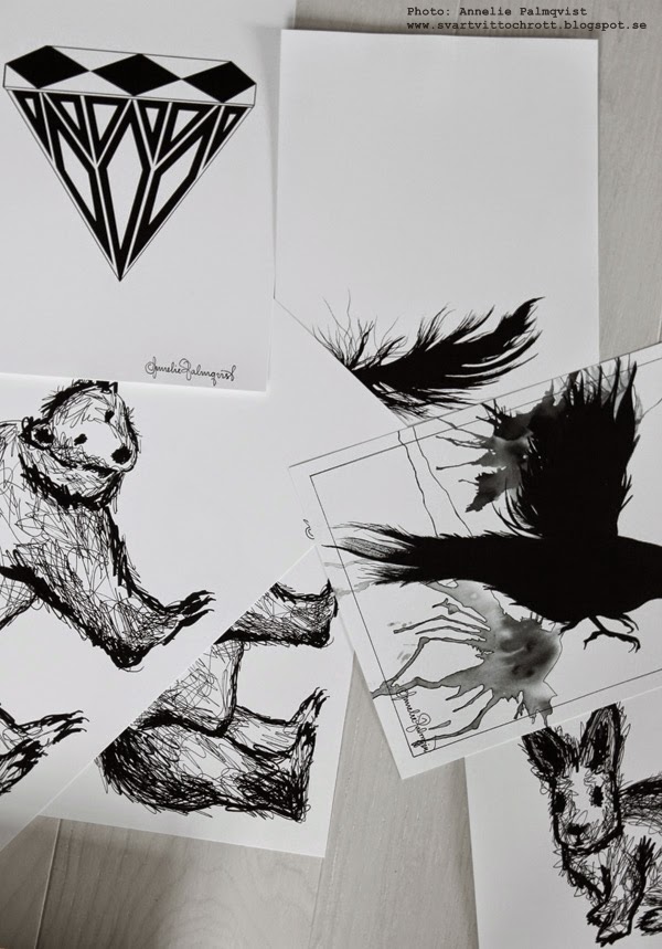 svartvita tavlor, svart och vitt, svartvit poster, diamant, grafiskt, stilren, stilrena, isbjörn, kanin, kaniner, fågel, på väggen, artprints, poster, print, 