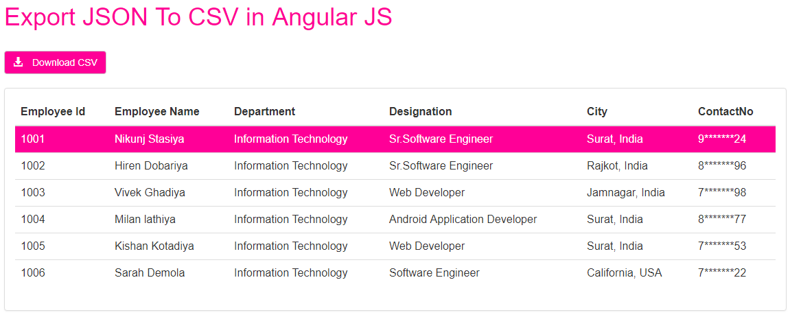 JSON To CSV Using AngularJs with Bootstrap