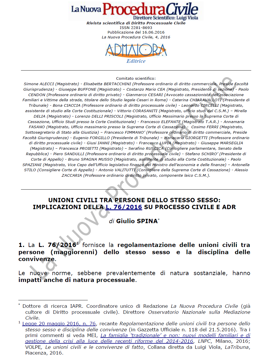 ADR e Unioni civili tra persone dello stesso sesso di cui alla l. 76/2016