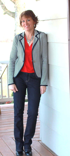 Girls in the Garden: Navy Stripe Blazer and Red Jersey Top