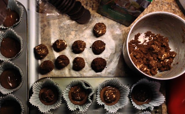 Thin Mint truffles for Girl Scout inspired cupcake with ganache whipped frosting
