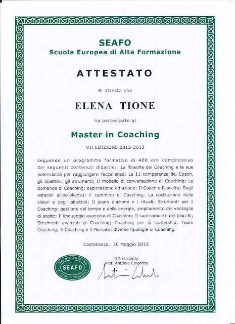 Elena Tione | Attestato Master in Coaching presso SEAFO, anno 2013 Elena Tione | Attestato Master in Coaching presso SEAFO, anno 2013