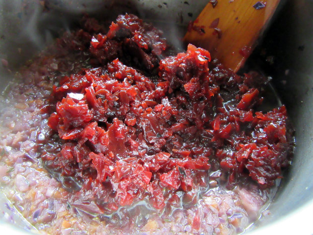 Borsch by Laka kuharica: add chopped beetroot to the vegetables in the soup pot.