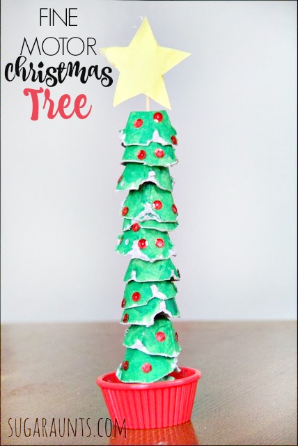 fine motor christmas tree craft made with egg cartons