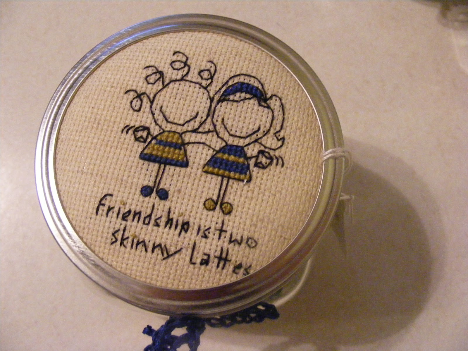 cross stitched Jar topper | Cross stitch, Mason jar diy, Stitch