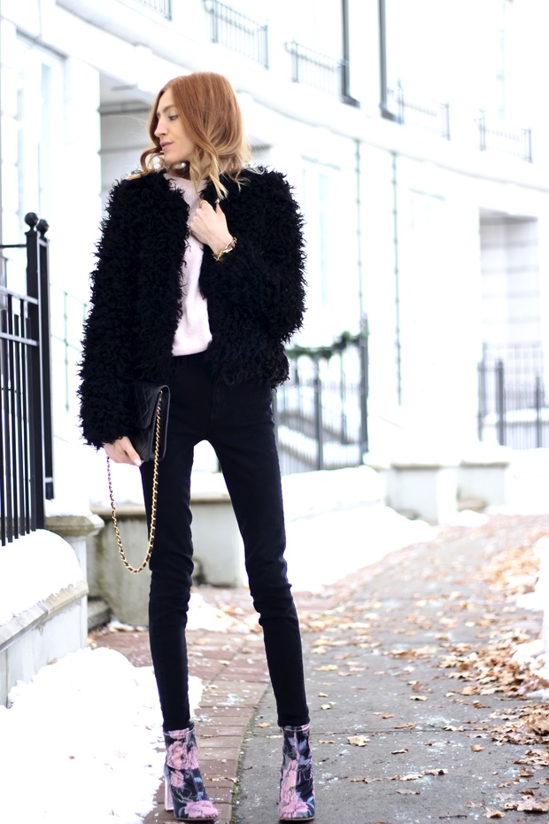 Pink Floral boots, black shearling coat, vintage Chanel, glam Parisian winter style