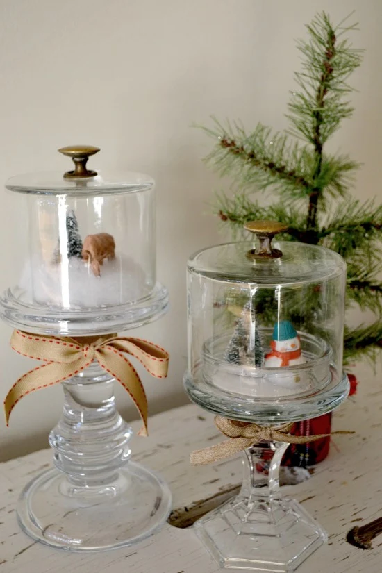 winter scene snow globes on DIY candle stick pedestals www.homeroad.net