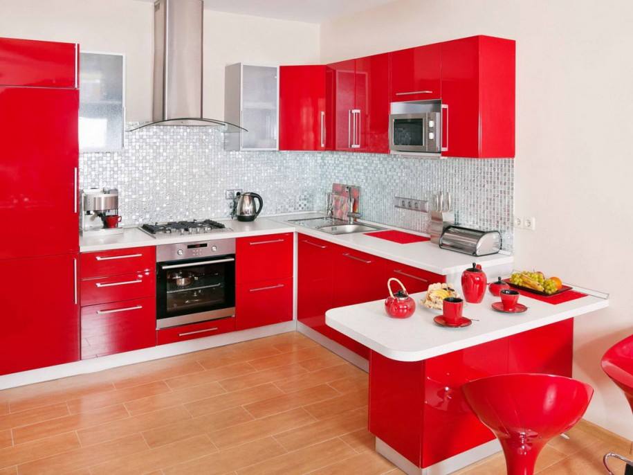 kitchen red glass tiles design