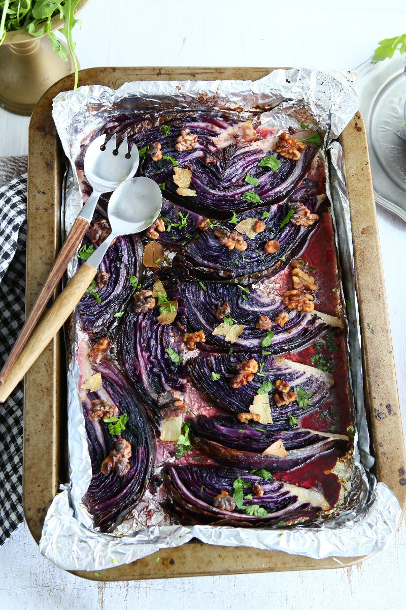 Roasted Red Cabbage Wedges with Walnuts and Bay Leaves