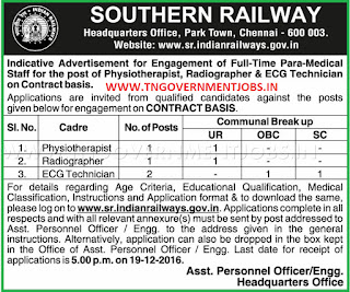 Applications are invited fro Physiotherapist, Radiographer and ECG Technician for Southern Railways Hospital Chennai