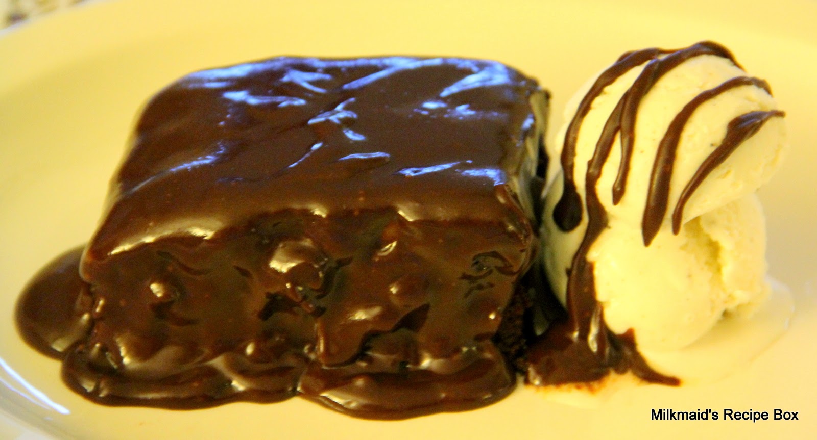 Milkmaid's Recipe Box Fudge Pudding "Lard" Cake w/Glossy Chocolate Icing
