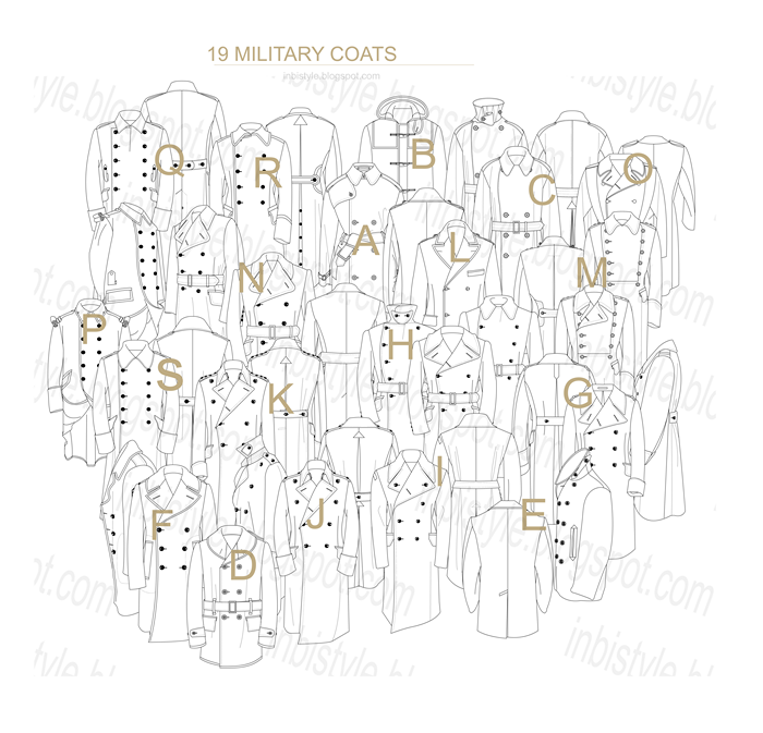 19 Military coats vector flat sketches