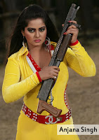 anjana singh ka photo, action girl photo anjana singh with holding gn in lemon yellow dress