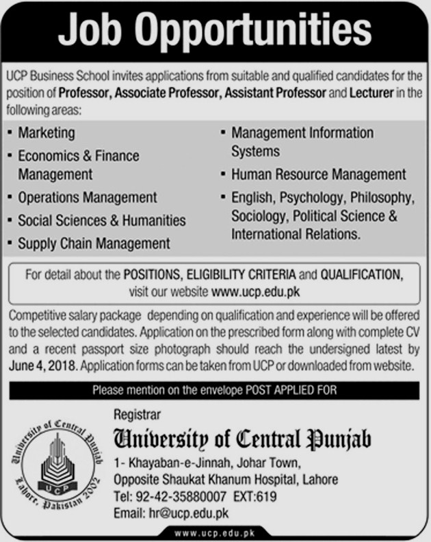 New Jobs in Education Field for UCP Business School Lahore